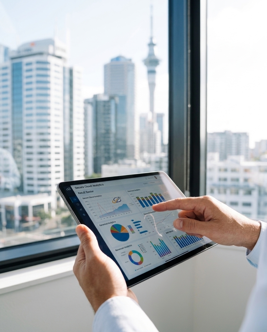 Business professional using a tablet to view FIRN cloud analytics dashboards with the Auckland Sky Tower skyline in the background.