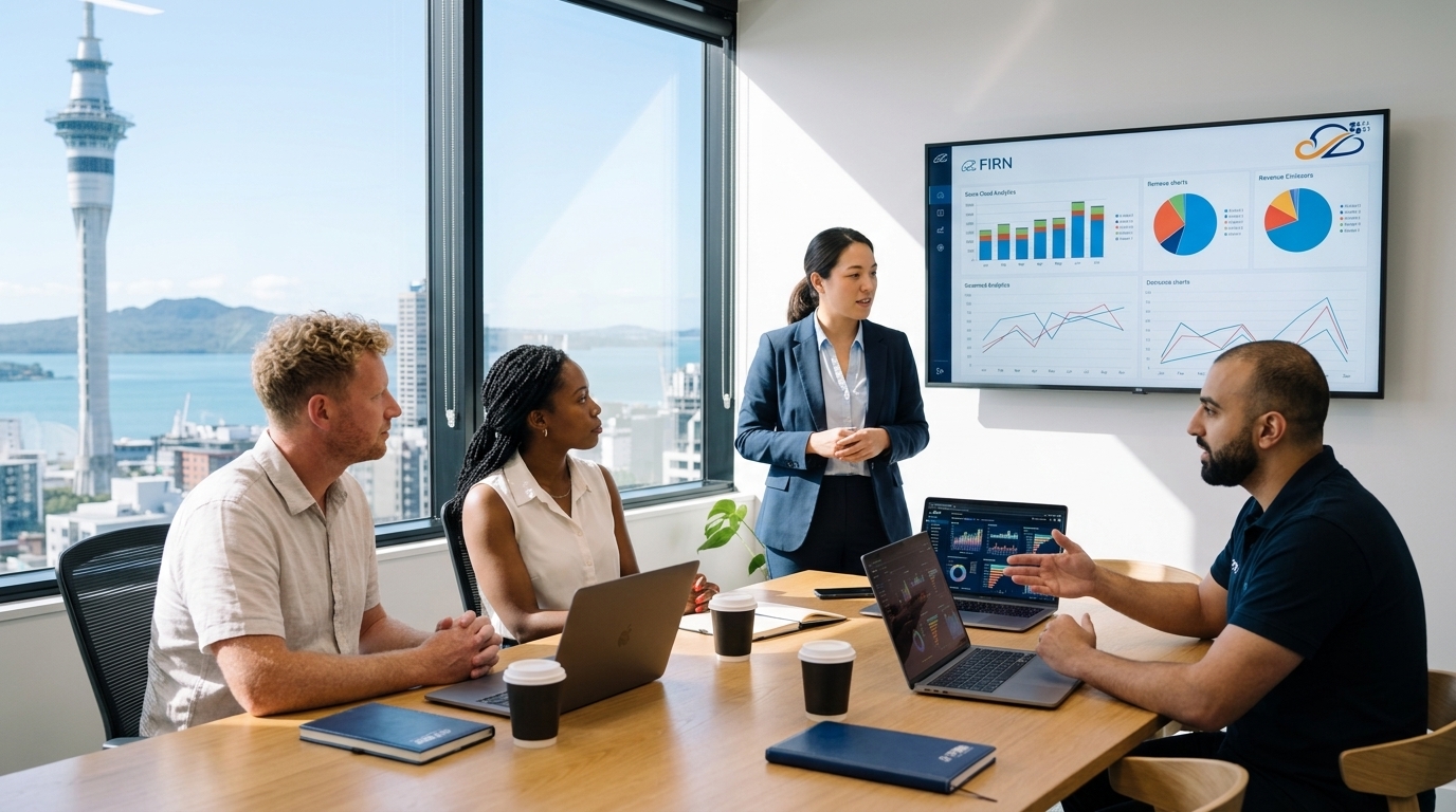 FIRN data consultants presenting business analytics and cloud dashboards during a boardroom meeting in Auckland.