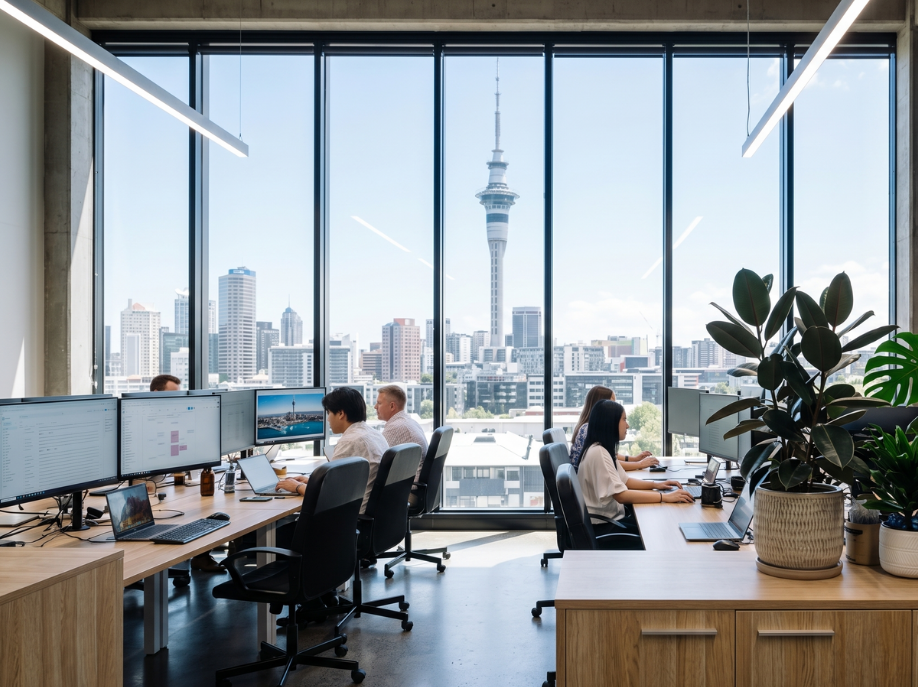 FIRN Analytics team working in an Auckland CBD office with Sky Tower views.