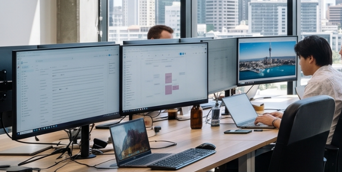 Data consultant analyzing data on multiple screens at the FIRN Auckland office.